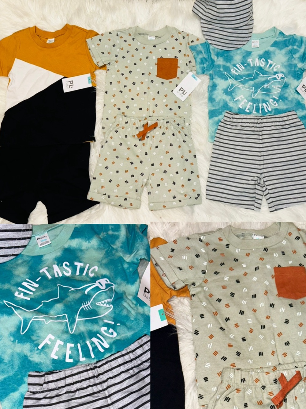Summer Baby Sets: sharks, hat, geometric, modern clothing sets NWT all- 7 pieces